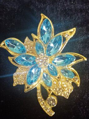 Blue and Gold Flower Lots of Bling BROOCH